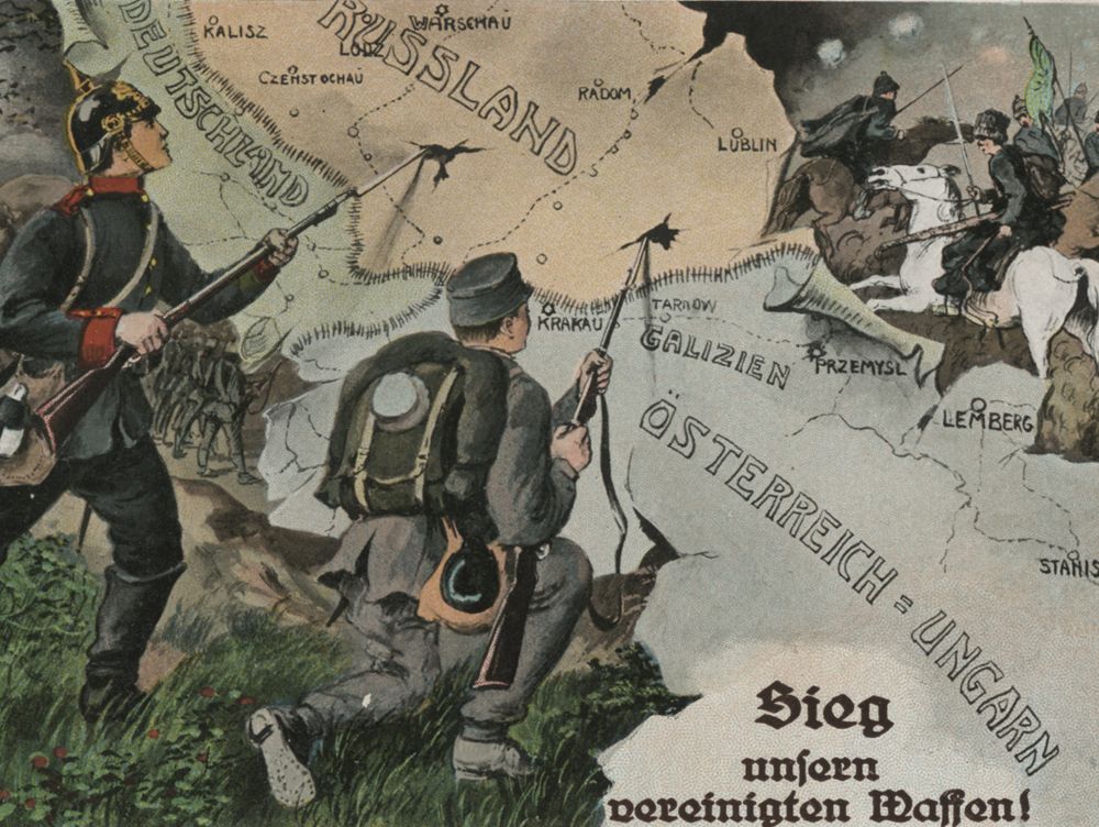 German soldiers piercing the map of Russia with bayonets, 1914